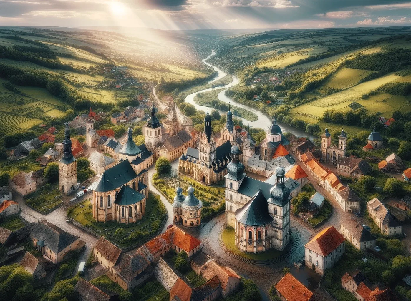 AI an aerial view of old Europe featuring numerous old churches, cathedrals, and convents scattered across the countryside.