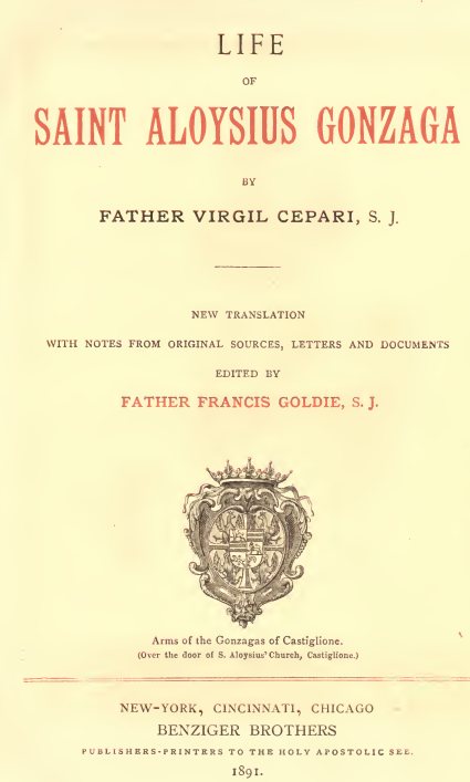 Life of St Aloysius Gonzaga Benziger 1890s